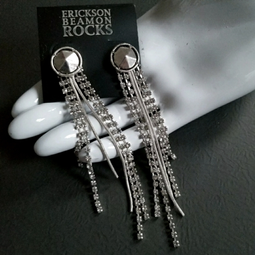 Erickson Beamon Fringed Dangle Earrings Frayed Crystal Rhinestone Studded Drop